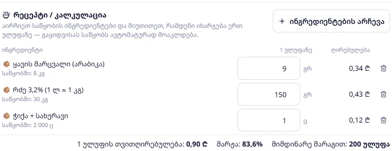 კაპუჩინო: ყავა 9 გრ, რძე 150 გრ, ჭიქა — 0,90 ₾, მარჟა 83,6%, 200 ულუფა