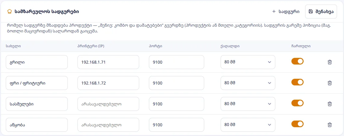 სამზარეულოს სადგურები: გრილი და ფრიტიური პრინტერებით, სასმელები და აწყობა — მხოლოდ ეკრანზე