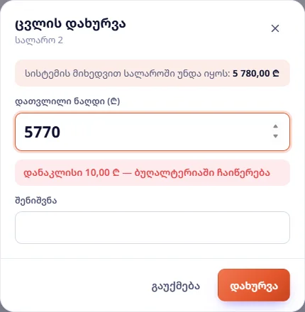 ცვლის დახურვა: უნდა იყოს 5 780 ₾, დათვლილია 5 770 ₾ — დანაკლისი 10 ₾