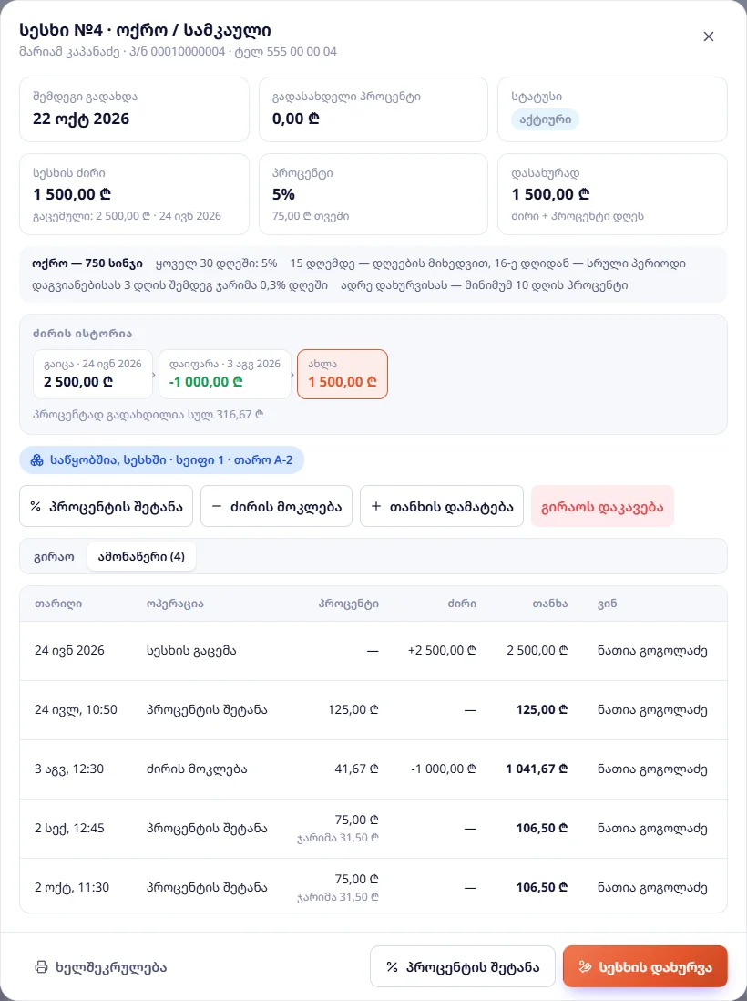ამონაწერი: გაცემა 2 500 ₾, პროცენტი 125 ₾, ძირის მოკლება 1 000 ₾ (+ პროცენტი 41,67 ₾), ორჯერ პროცენტი 75 ₾ + ჯარიმა 31,50 ₾