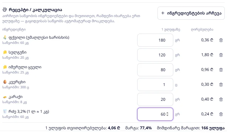 აჭარული ხაჭაპურის რეცეპტი: 4,06 ₾, მარჟა 77,4%, 166 ულუფა